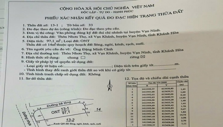 Duy Nhất Lô View Sông Tu Bông Giá Tốt Chỉ 720 Triệu Thuộc Vạn Khánh - Vạn Ninh - Khánh Hòa